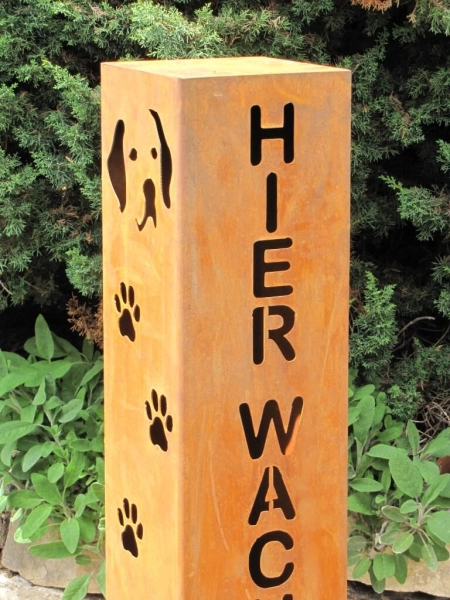 Edelrost Dekosäule Hier wache ich mit Hundekopf mit Pfoten