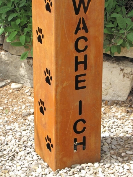 Edelrost Dekosäule Hier wache ich mit Hundekopf mit Pfoten