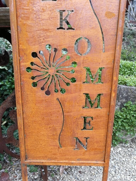 Edelrost Gartenschild Willkommen mit Blumen