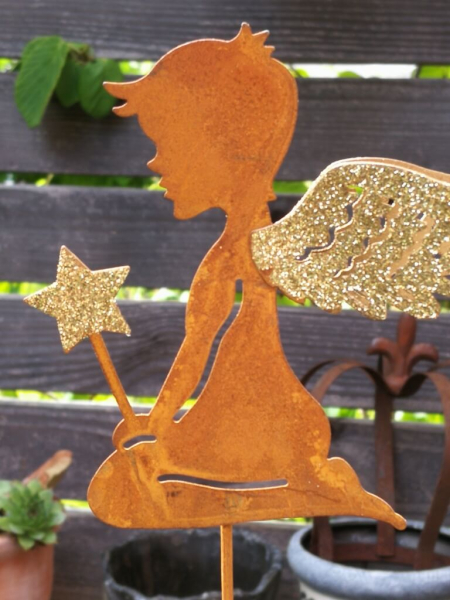 Gartenstecker Engel mit Goldglitzer