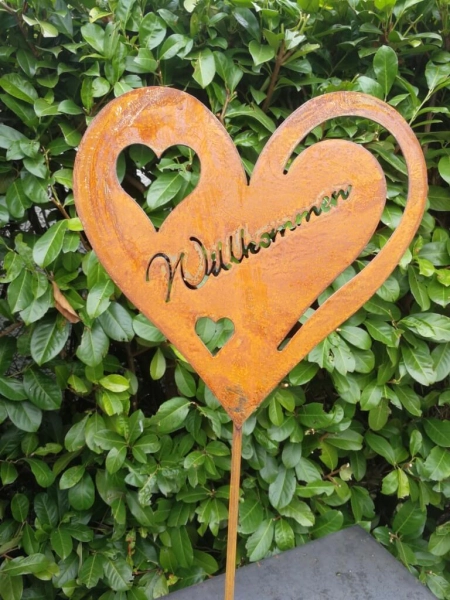 Edelrost Gartenstecker Herz Willkommen