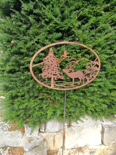 Edelrost Gartenstecker oder Wandbild Winterlandschaft Hirsch