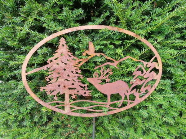 Edelrost Gartenstecker Wandbild Winterlandschaft Hirsch