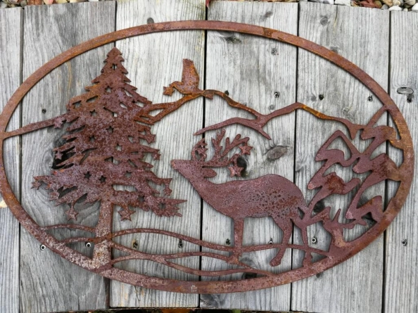 Edelrost Gartenstecker oder Wandbild Winterlandschaft Hirsch