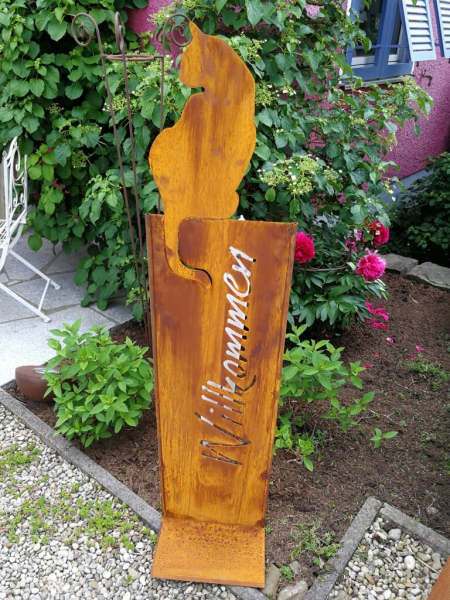 Edelrost Stele "Katze sitzend" - Willkommen