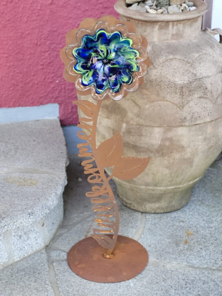 Edelrost Gartenblume Willkommen, blau