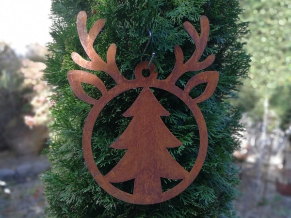 Edelrost Weihnachtshänger Elch mit Tanne