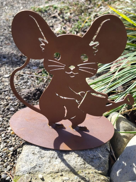 Edelrost Maus mit Gießkanne, zum Stellen