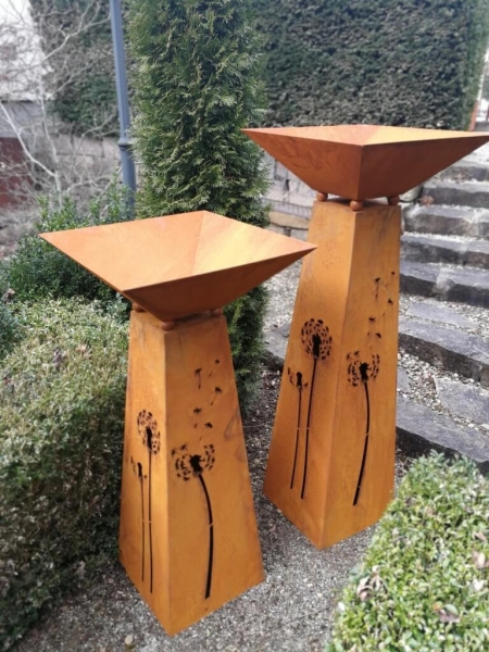 Edelrost Dekosäule Pusteblume, Trapez mit Schale