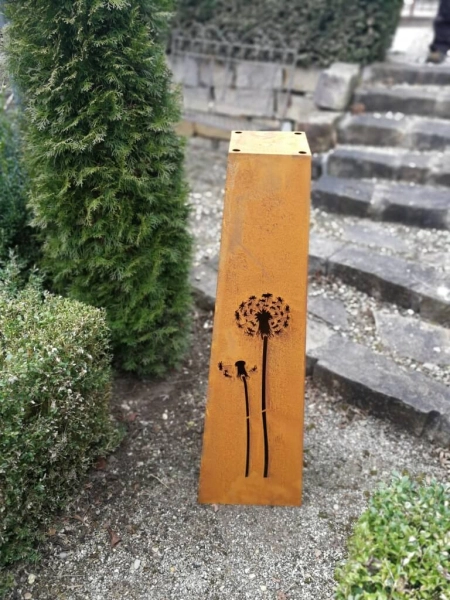 Edelrost Dekosäule Pusteblume, Trapez mit Schale