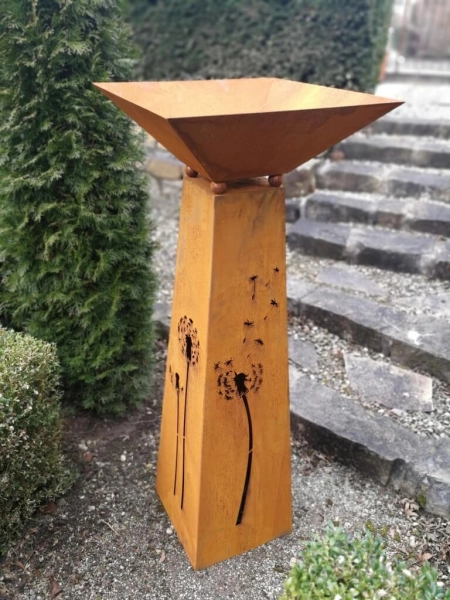 Edelrost Dekosäule Pusteblume, Trapez mit Schale