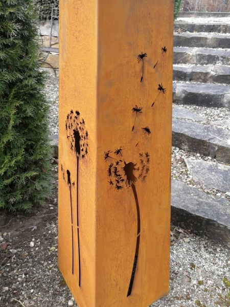 Edelrost Dekosäule Pusteblume, Trapez mit Schale