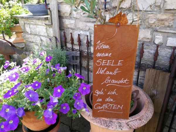 Edelrost Schild mit Ginkgo "Garten - Seele", hoch