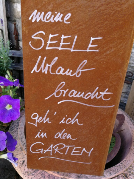 Edelrost Schild mit Ginkgo "Garten - Seele", hoch