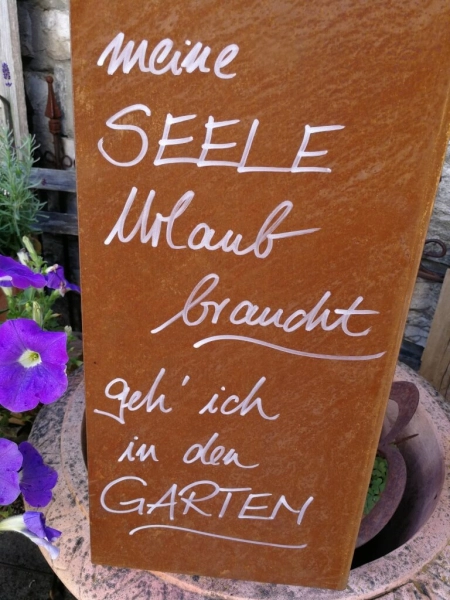 Edelrost Schild mit Ginkgo "Garten - Seele", hoch