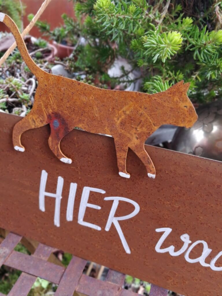 Edelrost Schild mit Katze Hier wache ich