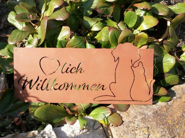 Edelrost Spruchschild Tierisches Willkommen