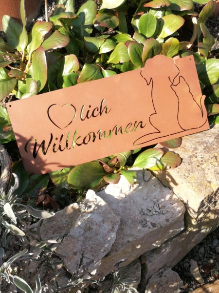 Edelrost Spruchschild Tierisches Willkommen