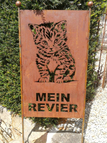 Edelrost Gartenschild Katze "Mein Revier"