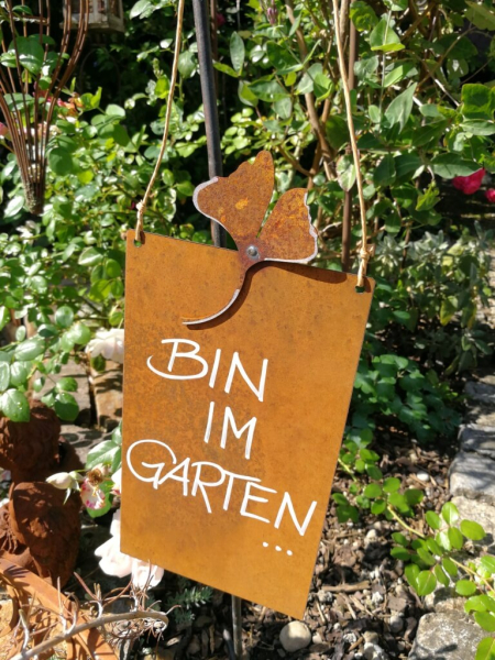 Edelrost Schild mit Ginkgo "Bin im Garten"