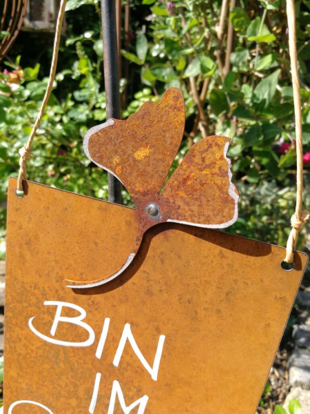 Edelrost Schild mit Ginkgo "Bin im Garten"