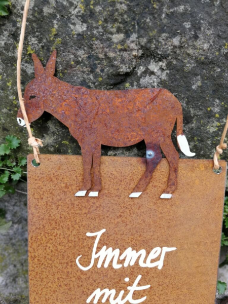 Edelrost Schild Immer mit der Ruhe, mit Esel