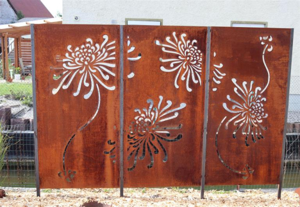 Edelrost Sichtschutzwand Blumen, 3-teilig