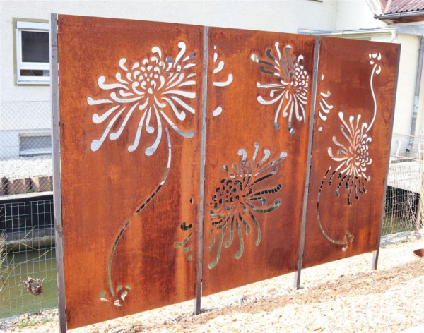 Edelrost Sichtschutzwand Blumen, 3-teilig