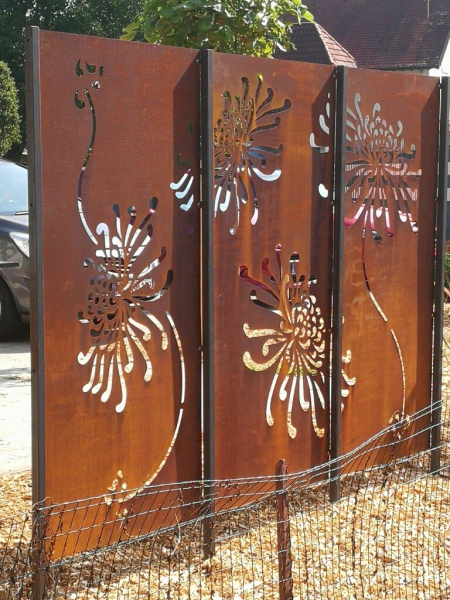 Edelrost Sichtschutzwand Blumen, 3-teilig