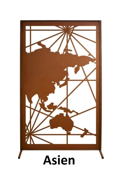 Edelrost Sichtschutzwand Weltkarte Asien