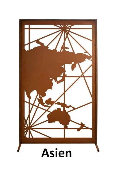 Edelrost Sichtschutzwand Weltkarte Asien
