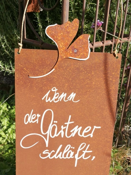 Edelrost Schild mit Ginkgo Teufel, Unkraut