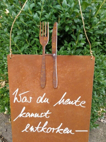 Edelrost Schild mit Besteck Entkorken