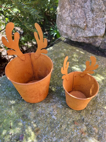 Edelrost Töpfchen mit Geweih, 2er-Set
