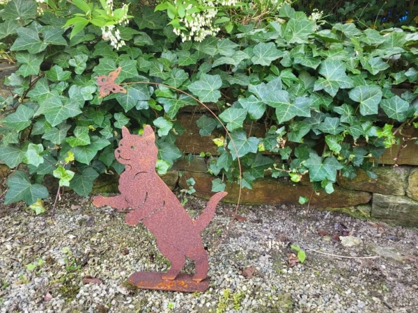 Edelrost stehender Hund mit Schmetterling