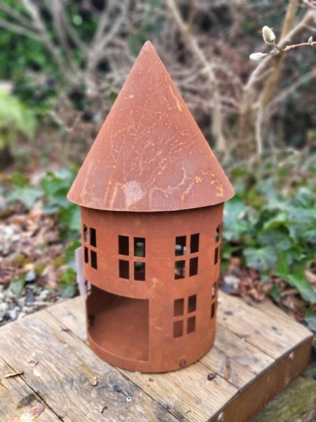 Edelrost Windlicht Haus Pierre, rund