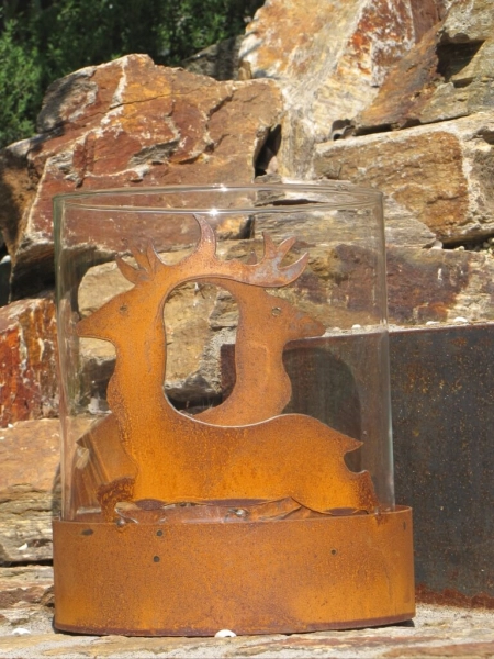 Edelrost Windlicht Hirsch springend mit Glaseinsatz