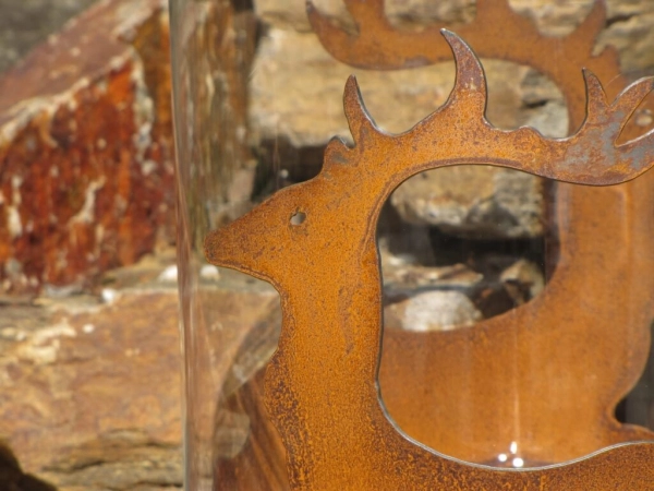 Edelrost Windlicht Hirsch springend mit Glaseinsatz