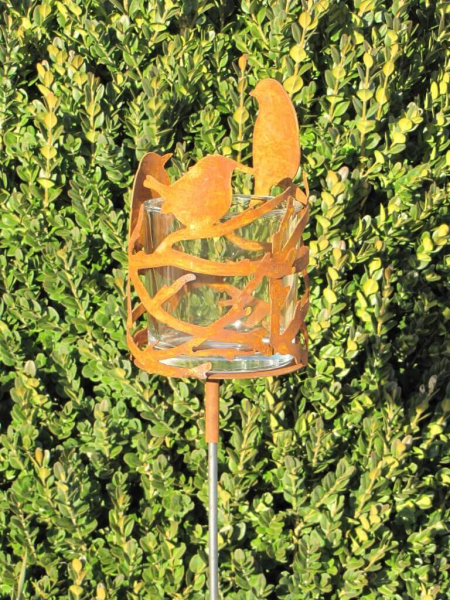 Edelrost Gartenstecker Windlicht Vögel mit Glaseinsatz