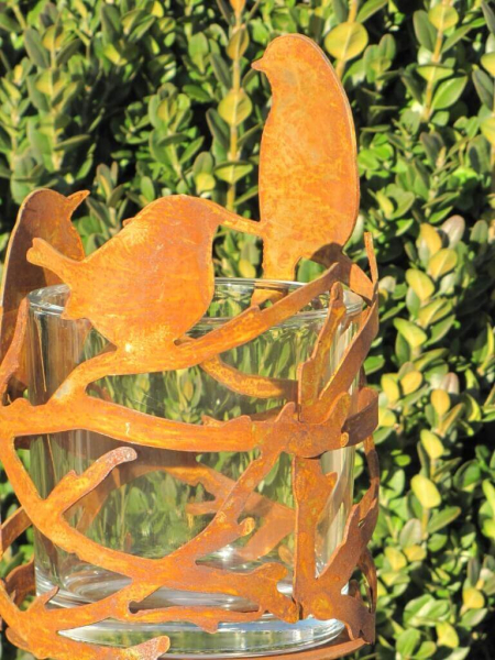 Edelrost Gartenstecker Windlicht Vögel mit Glaseinsatz