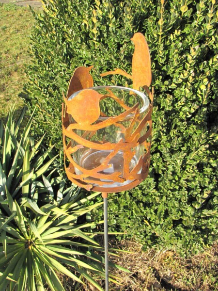 Edelrost Gartenstecker Windlicht Vögel mit Glaseinsatz