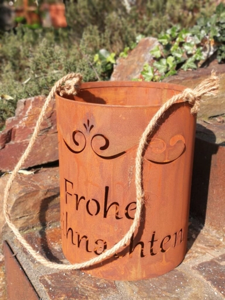 Edelrost Windlicht Frohe Weihnachten, mit Kordel