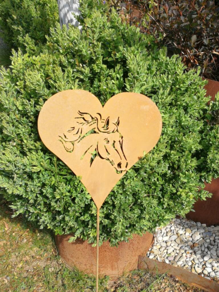 Edelrost Gartenstecker Pferdekopf Herz