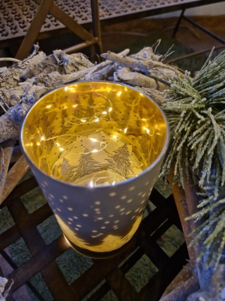 LED Windlicht Winter, grau-gold