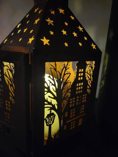 Edelrostoptik Windlicht Häuserfront, quadratisch