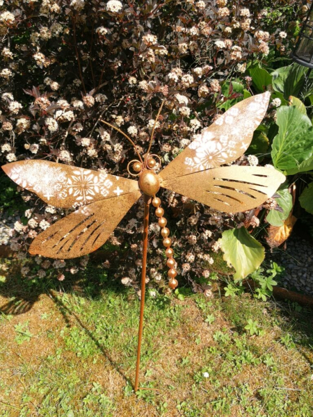 Gartenstecker Libelle, rost-gold-silber