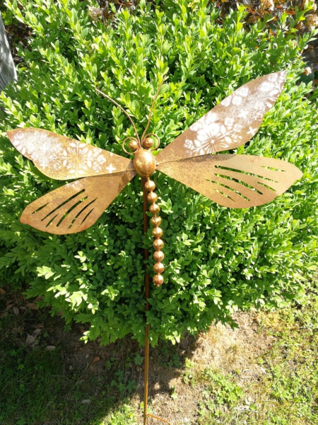 Gartenstecker Libelle, rost-gold-silber