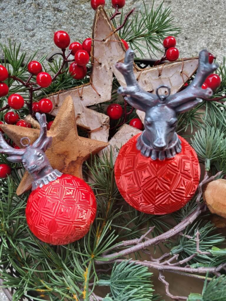 Christbaumkugel Outdoor Argento rot, mit Hirschkopf silber