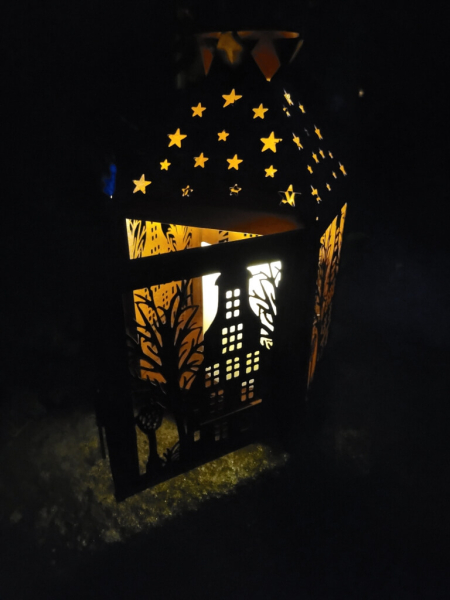 Edelrostoptik Windlicht Häuserfront, quadratisch