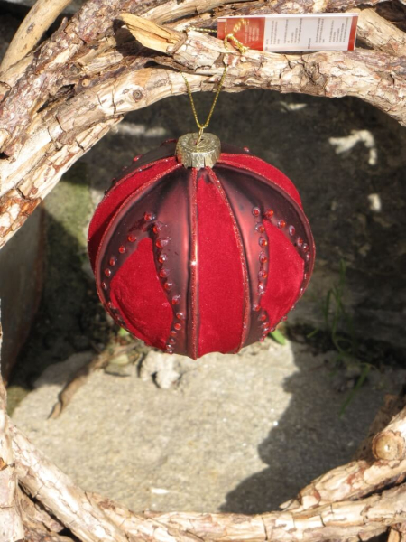 Christbaumkugel aus Glas Samtrot mit Längsstreifen